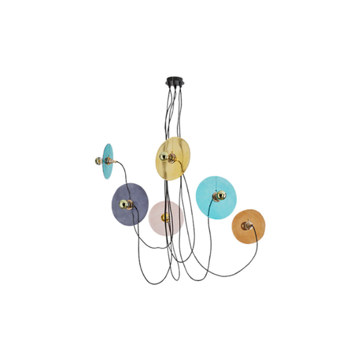 Colorful chandelier with multiple round shades on a white background