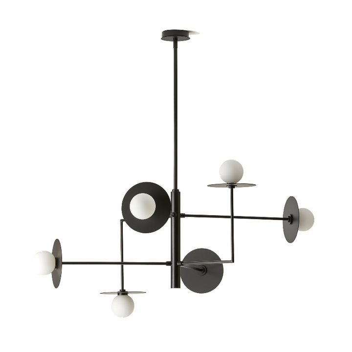 Modern chandelier with black and white design on a white background