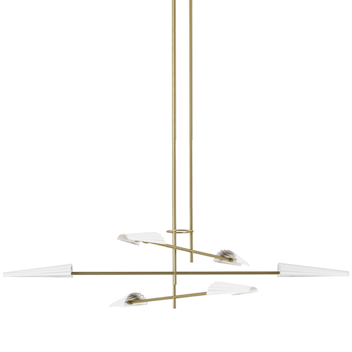 Modern chandelier with gold fixtures and clear glass shades on a white background