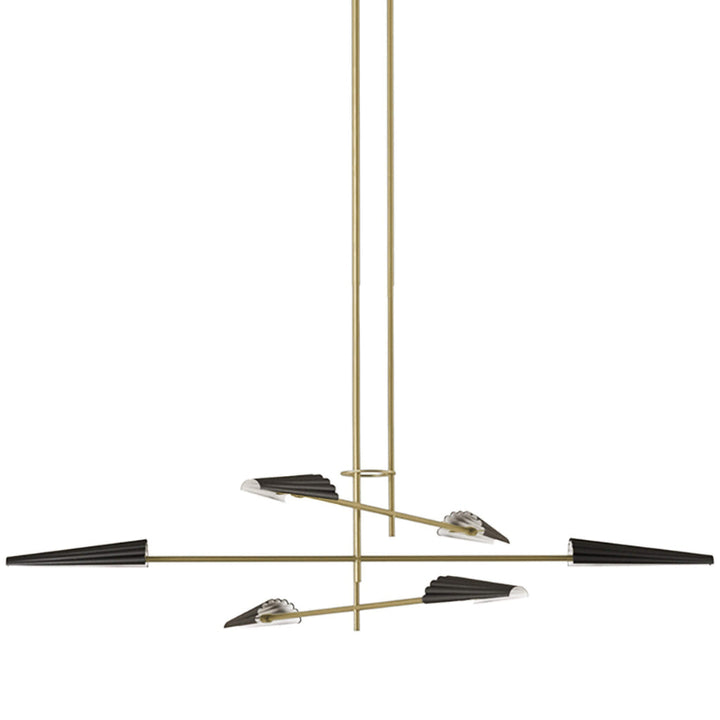 Modern chandelier with gold and black design on a white background