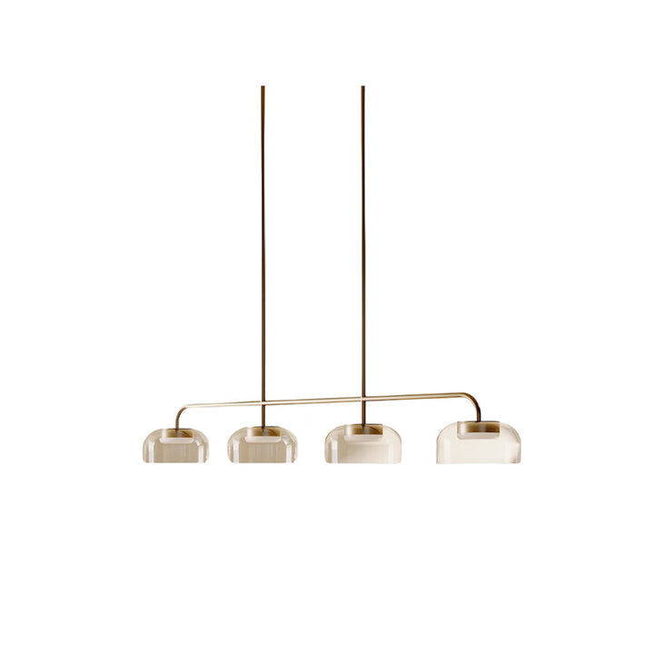 Modern pendant light with four glass shades on a white background