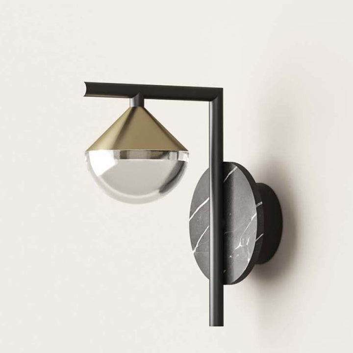 Modern wall-mounted light fixture with gold and black design on a white background