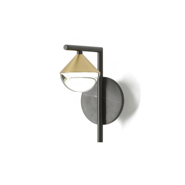 Modern wall light fixture with gold cone shade and black base on a white background