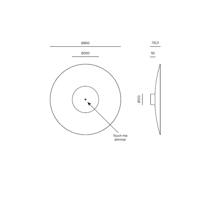 Technical drawing of a circular object with dimensions and a 'touch me dimmer' label.