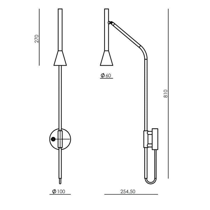 Technical drawing of a wall-mounted lamp with dimensions
