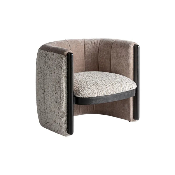 Close-up of Erbach Dark Armchair with textured white bouclé cushion on dark-stained pine. Only at Bazar Mondiale high end furniture and exclusive pieces.