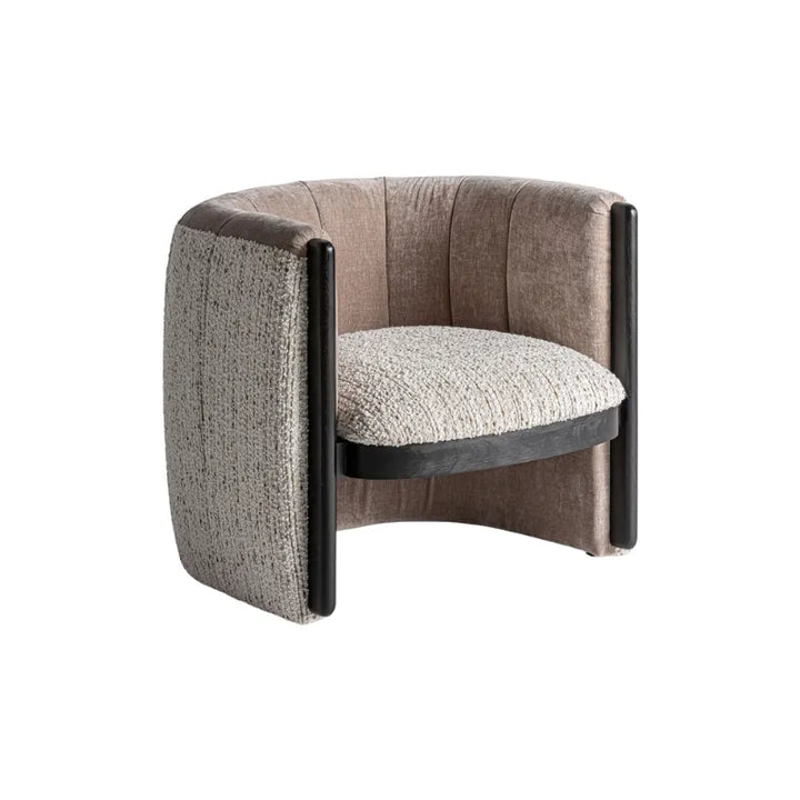 Close-up of Erbach Dark Armchair with textured white bouclé cushion on dark-stained pine. Only at Bazar Mondiale high end furniture and exclusive pieces.