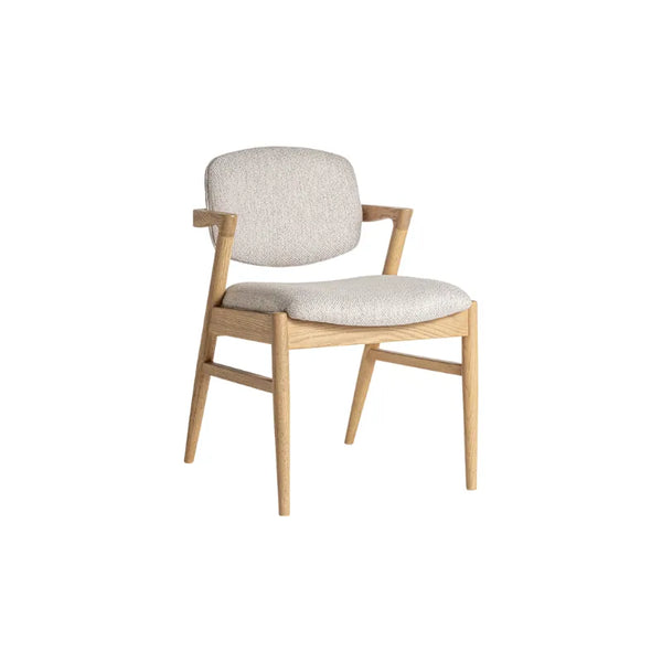 Front view of the Essingen Chair with brown linen seat and beige cotton back – Only at Bazar Mondiale high end furniture and exclusive pieces.
