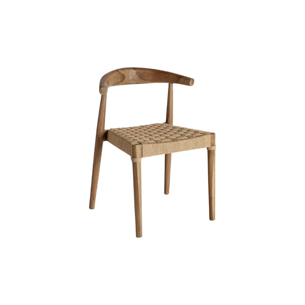 Front view of Figeac dining chair showcasing teak structure and rope seating. Only at Bazar Mondiale high end furniture and exclusive pieces.