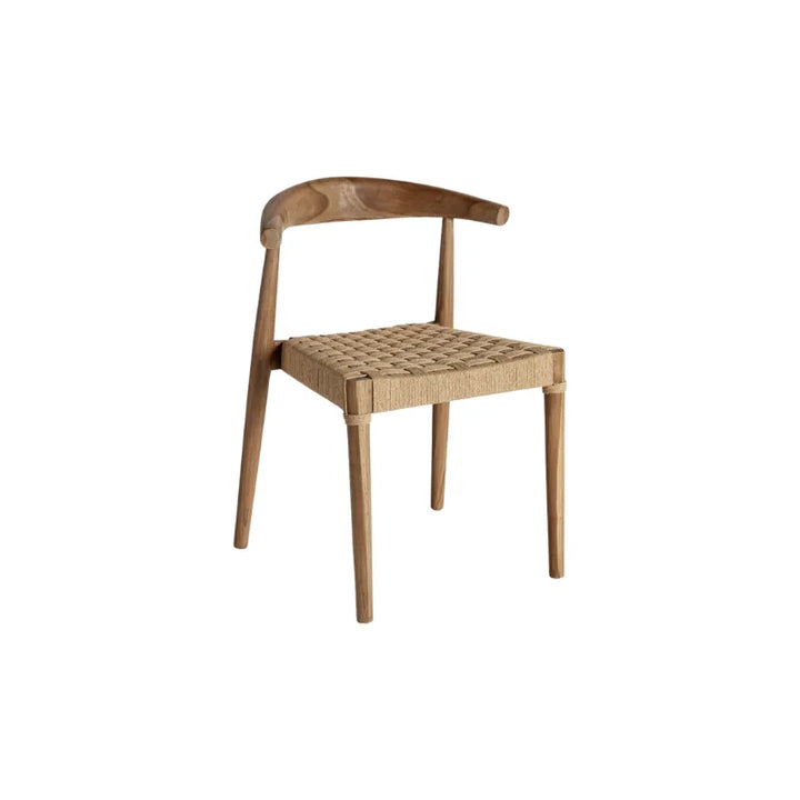 Front view of Figeac dining chair showcasing teak structure and rope seating. Only at Bazar Mondiale high end furniture and exclusive pieces.