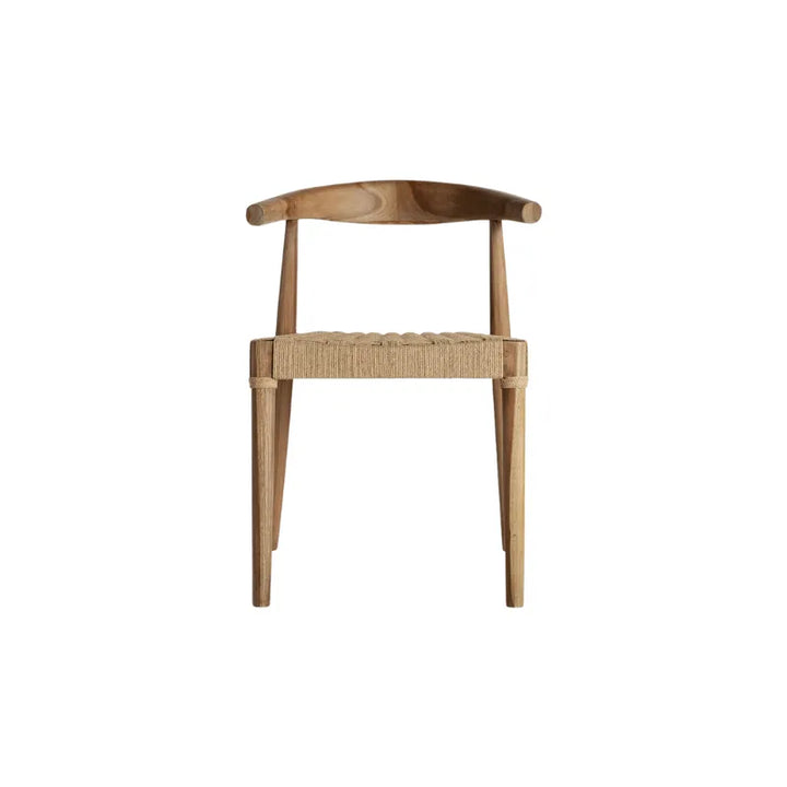 Side profile of Figeac brown teak dining chair with woven seat. Only at Bazar Mondiale high end furniture and exclusive pieces.