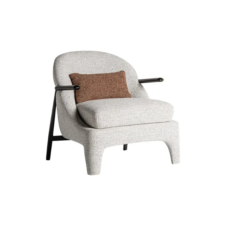 Detail of Herzele Armchair armrest in dark wood with grey speckled upholstery. Only at Bazar Mondiale high end furniture and exclusive pieces.