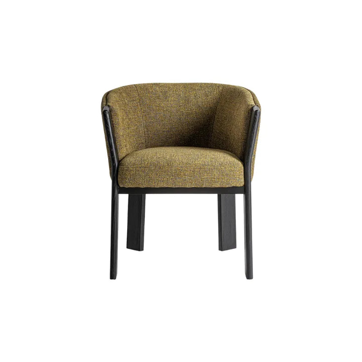 Nara Yellow Armchair - Upholstery Close-up | Textured mustard fabric and oak | Only at Bazar Mondiale high end furniture and exclusive pieces.