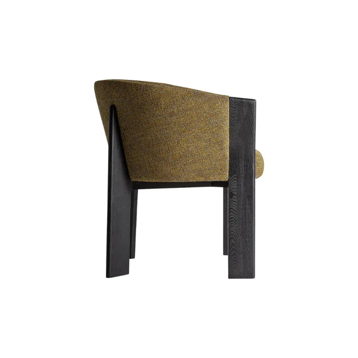 Nara Yellow Armchair - Rear Angle | Designer curved back and solid oak legs | Only at Bazar Mondiale high end furniture and exclusive pieces.